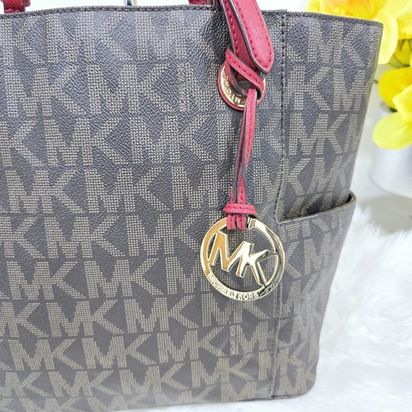 Michael Kors Jet Set Brown/Cherry Signature Logo Tote Shoulder Bag - Picture 6 of 16